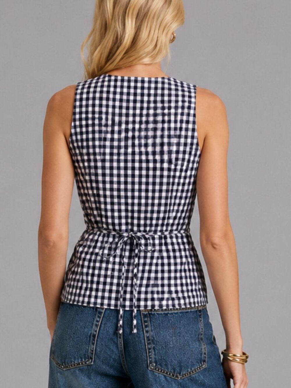 Women's Cotton Navy White Gingham Sleeveless Button Front Summer Blouse Shirt - Picture 2 of 6